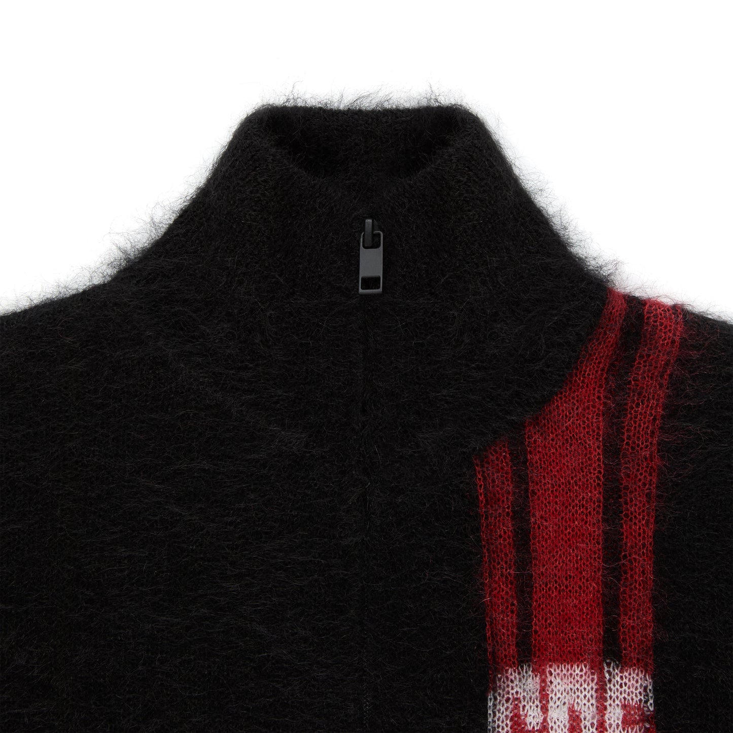 Black mohair knit zip sweater with stand collar, red vertical stripes, and "SP5" logo.