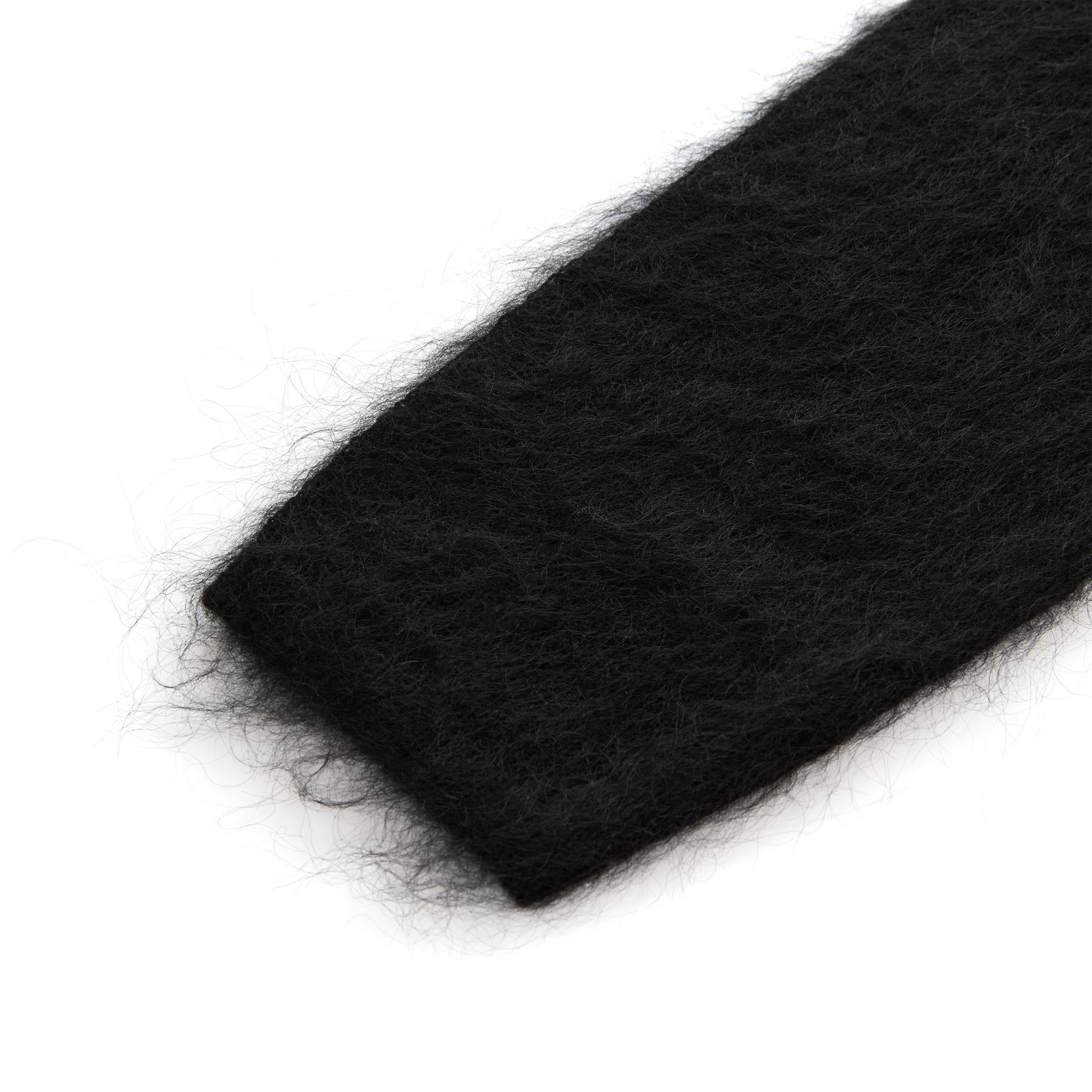 Black mohair knit sweater with fuzzy texture.