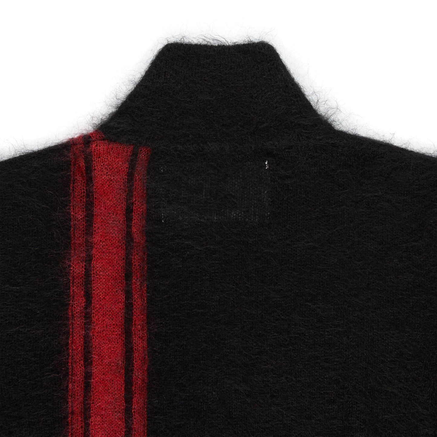 Black mohair knit zip sweater with red vertical stripes and stand collar.