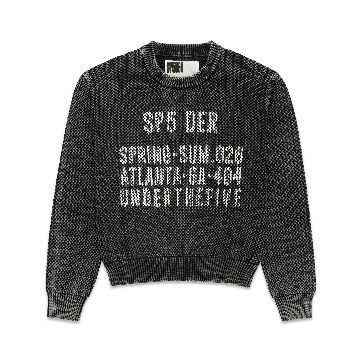 Black knit cotton UNDERTHEFIVE sweater with white text print at chest, ribbed crewneck, hem, and cuffs.