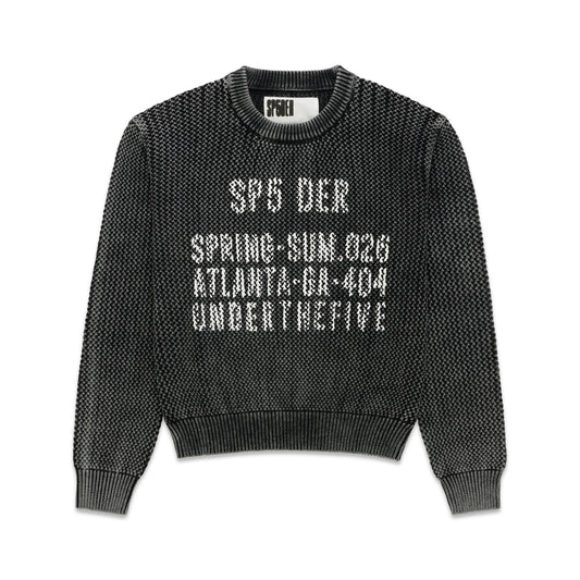 Black knit cotton UNDERTHEFIVE sweater with white text print at chest, ribbed crewneck, hem, and cuffs.