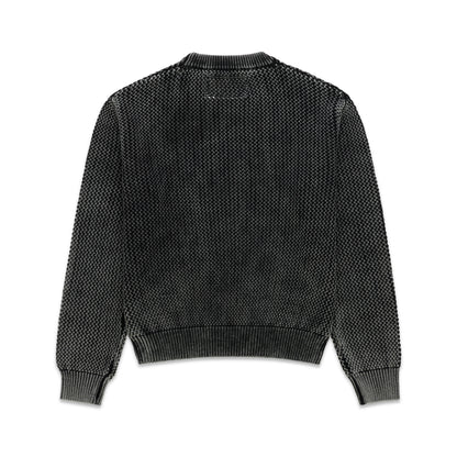 Black knit cotton sweater, back view, with rib-knit crewneck, hem, and cuffs.
