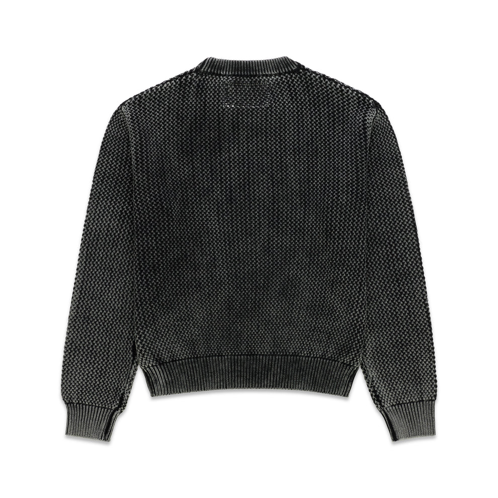 Black knit cotton sweater, back view, with rib-knit crewneck, hem, and cuffs.