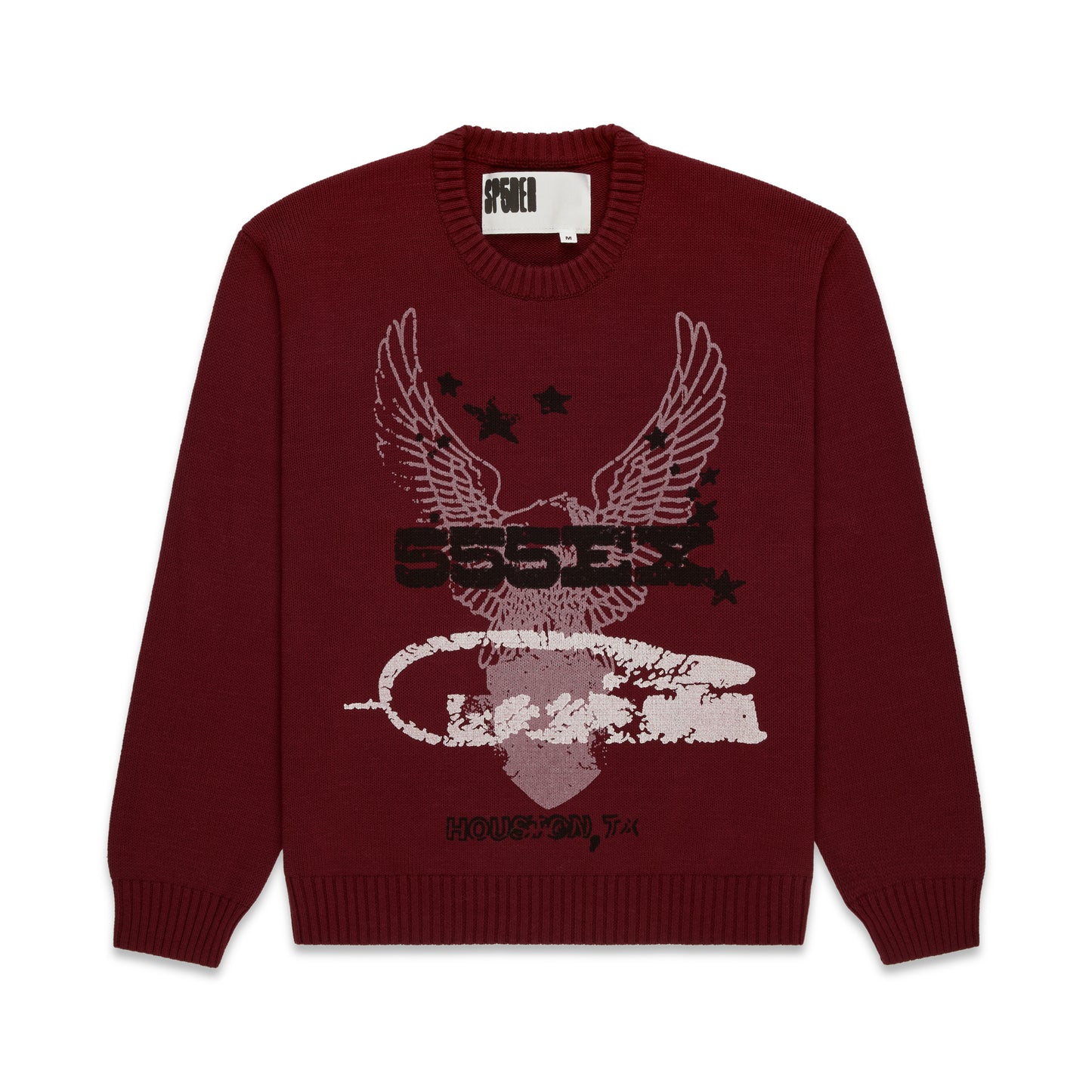 Maroon knit sweater with a distressed graphic print featuring an eagle, stars, and "555EX Houston, TX".