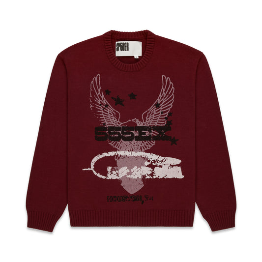 Maroon knit sweater with a distressed graphic print featuring an eagle, stars, and "555EX Houston, TX".