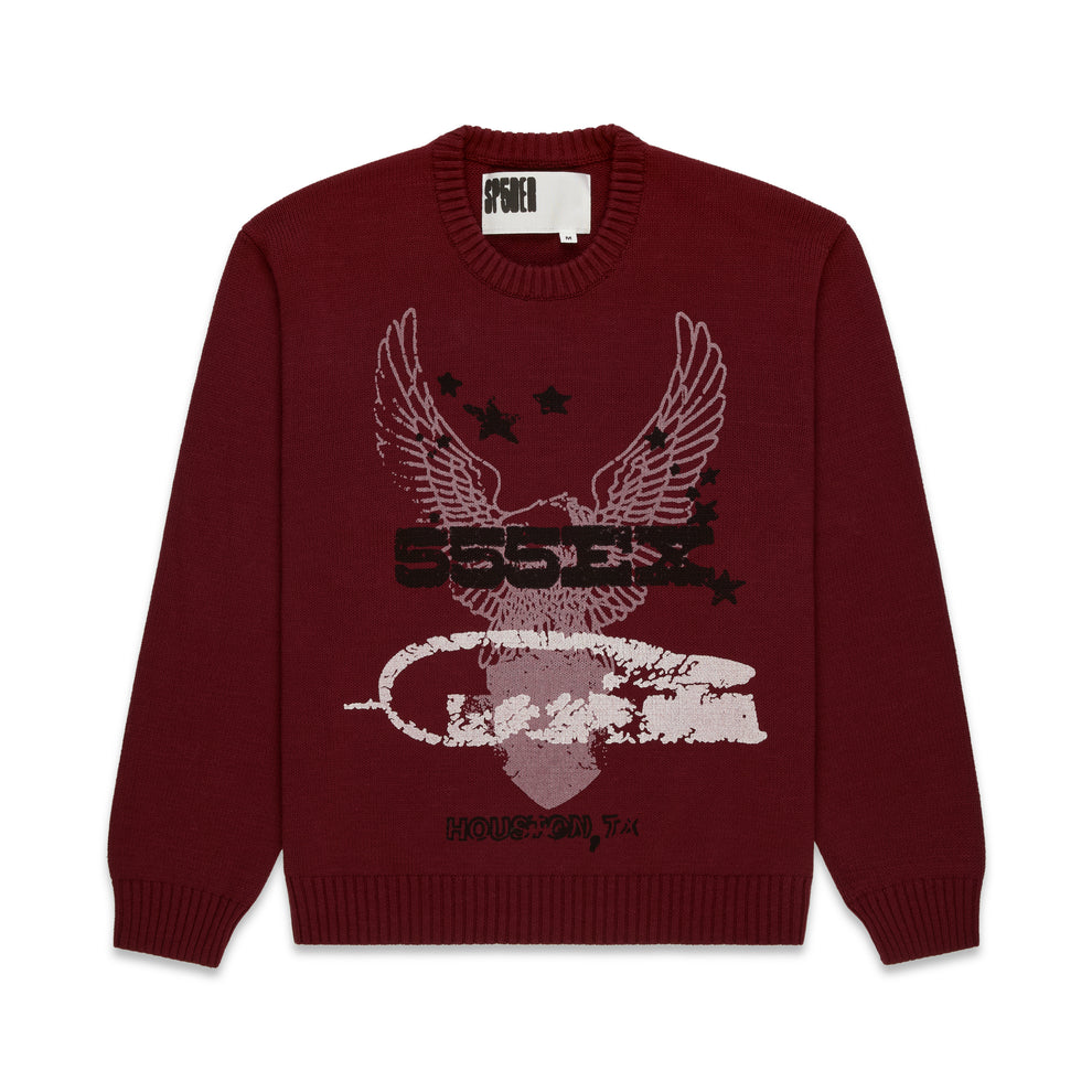 Maroon knit sweater with a distressed graphic print featuring an eagle, stars, and "555EX Houston, TX".