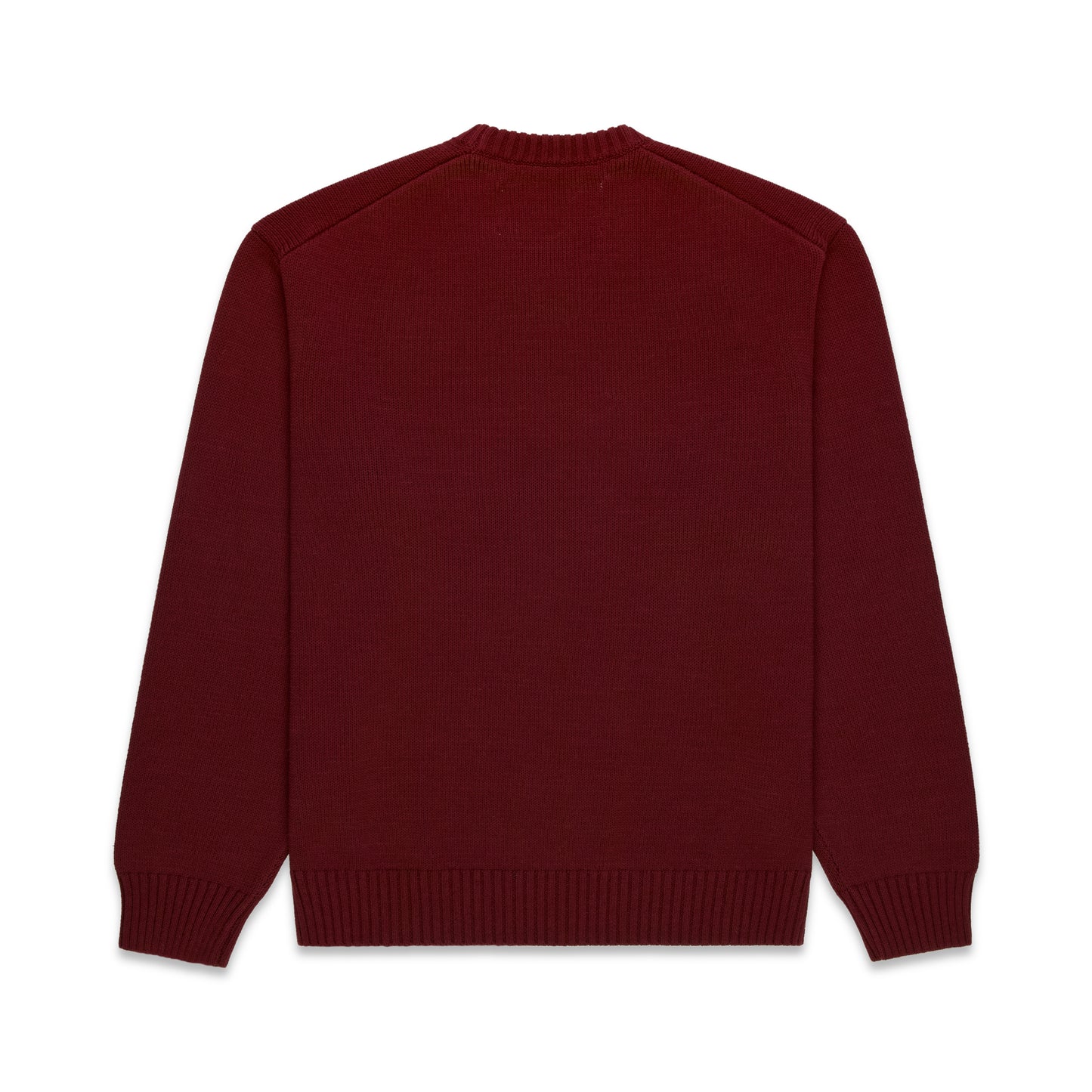 555EX knit sweater in dark red with ribbed collar, hem, and cuffs.