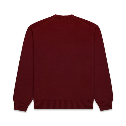 555EX knit sweater in dark red with ribbed collar, hem, and cuffs.