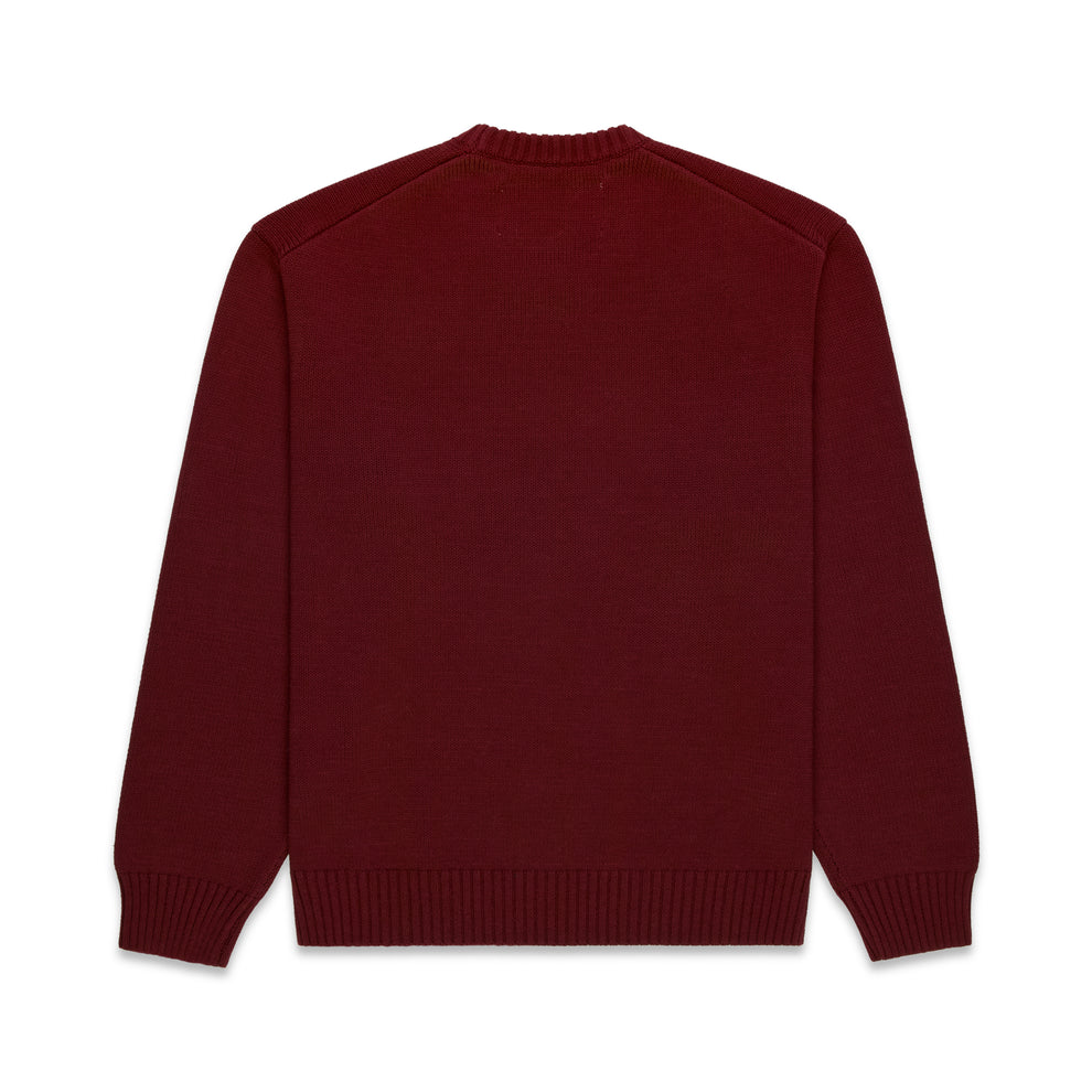 555EX knit sweater in dark red with ribbed collar, hem, and cuffs.