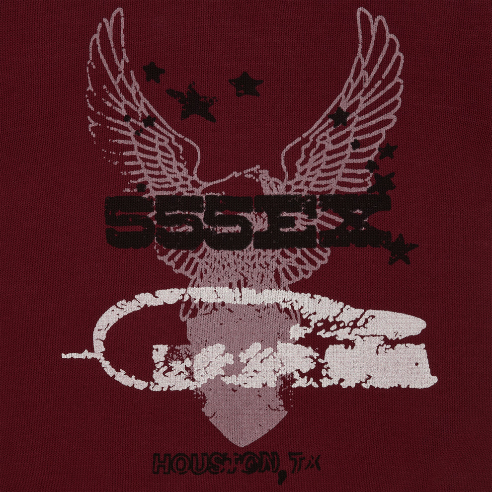 Red knit sweater with a distressed graphic print featuring an eagle, "555EX", stars, and "HOUSTON, TX".