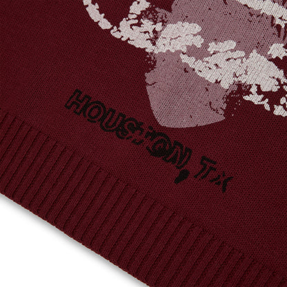 Maroon knit sweater with "HOUSTON, TX" and a distressed graphic print on the front.