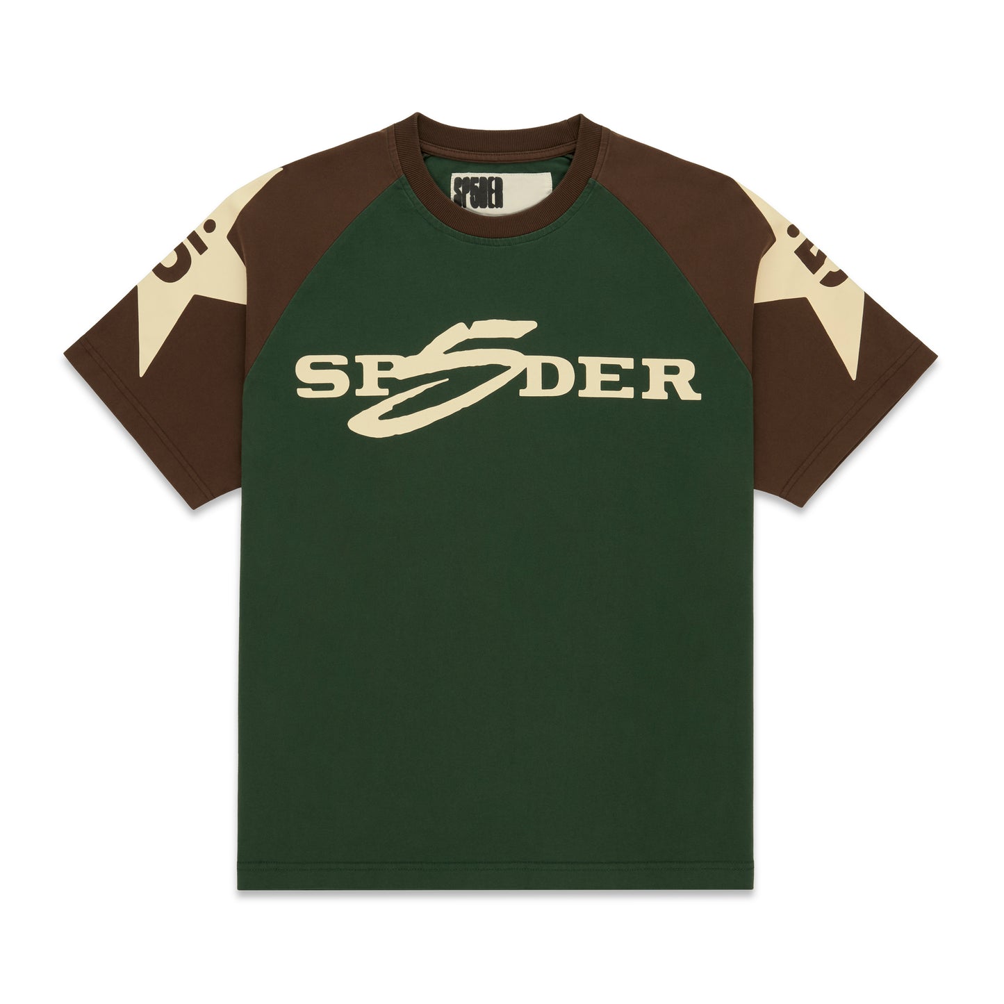 Green, brown, and cream color-block 5UKI TEE with "SP5DER" graphic and star sleeve print.