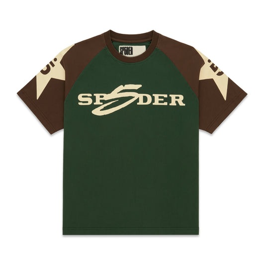 Green, brown, and cream color-block 5UKI TEE with "SP5DER" graphic and star sleeve print.