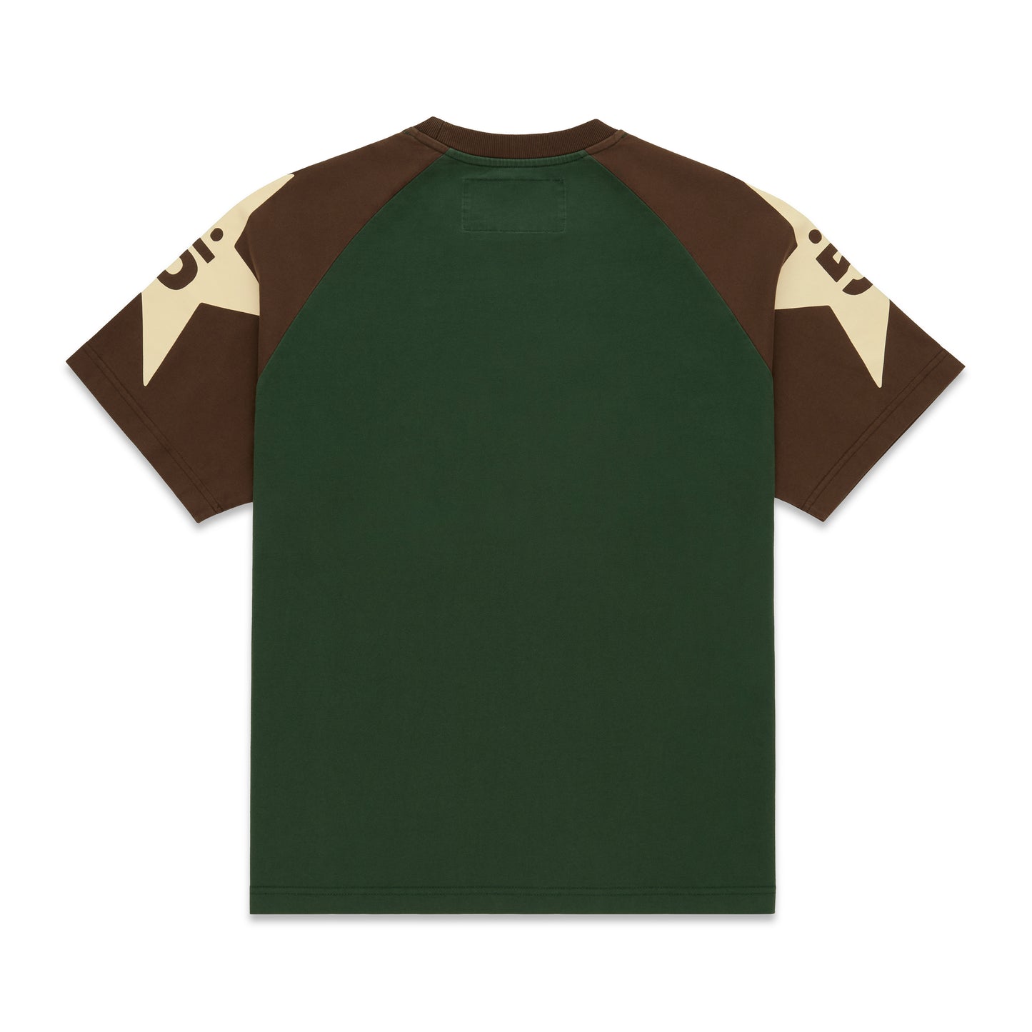 Back of a color-block 5UKI TEE: dark green body, brown raglan sleeves with cream star graphic.