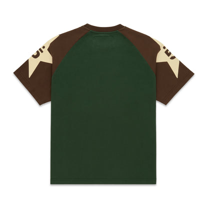 Back of a color-block 5UKI TEE: dark green body, brown raglan sleeves with cream star graphic.