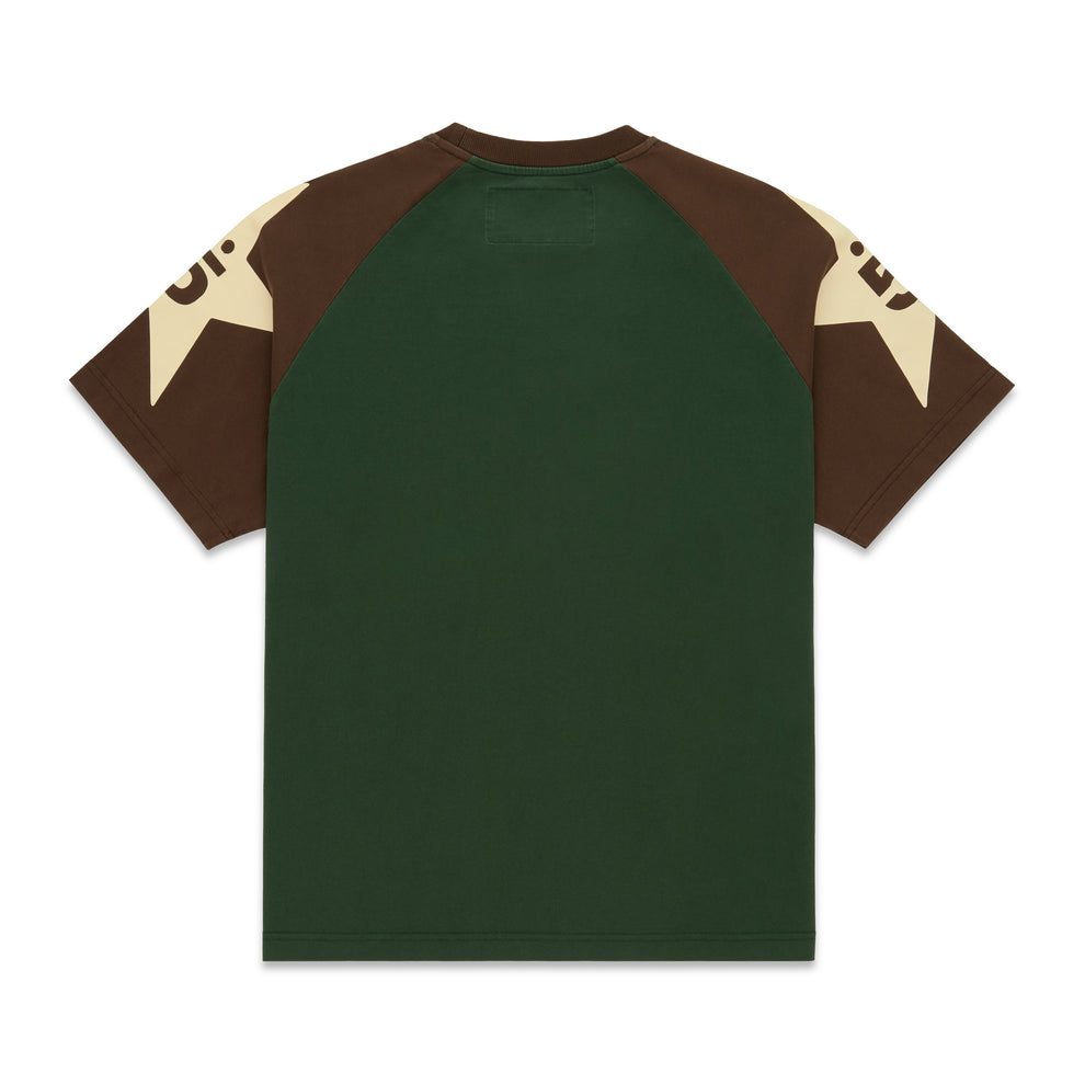 Back of a color-block 5UKI TEE: dark green body, brown raglan sleeves with cream star graphic.
