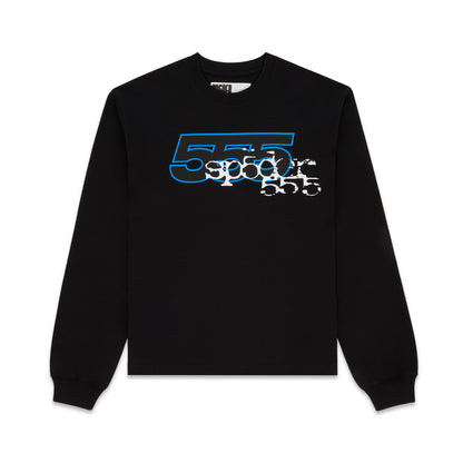 Black 555 SP5DER long sleeve tee with blue and white graphic print, ribbed collar and cuffs.