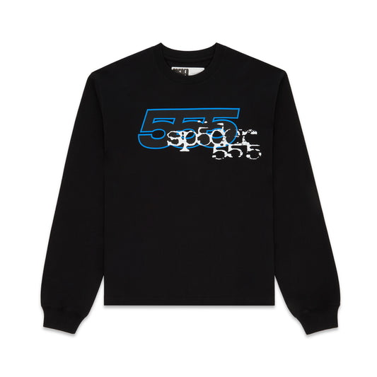 Black 555 SP5DER long sleeve tee with blue and white graphic print, ribbed collar and cuffs.