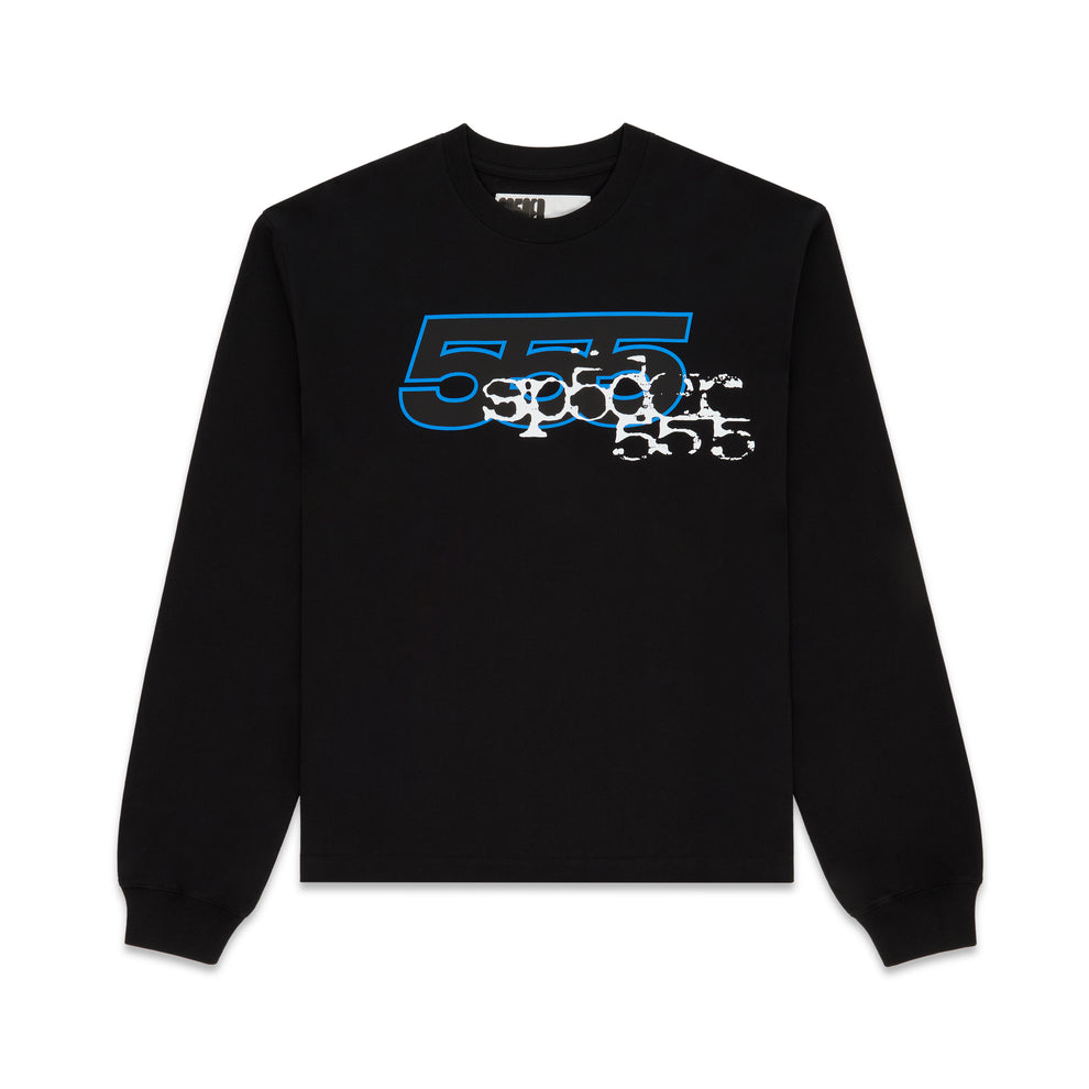 Black 555 SP5DER long sleeve tee with blue and white graphic print, ribbed collar and cuffs.