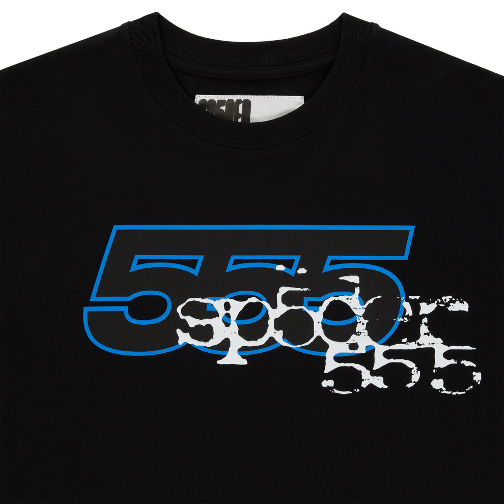 Black 555 SP5DER long sleeve tee with blue outline and distressed white graphic print.