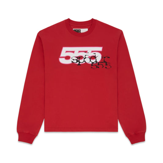 Red 100% cotton long sleeve tee with "555 SP5DER" graphic print on front, ribbed collar and cuffs.