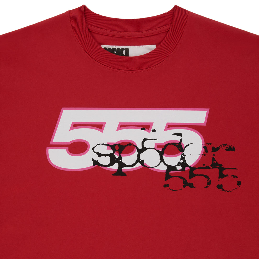 Red 100% cotton long sleeve tee with "555 SP5DER" graphic print on front. Ribbed collar and cuffs.