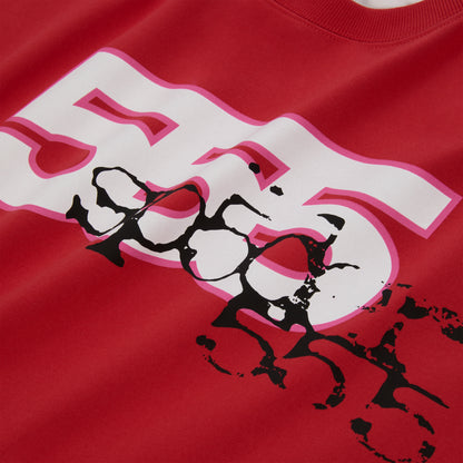 Red 555 SP5DER long sleeve tee with white and pink graphic print, ribbed collar and cuffs.