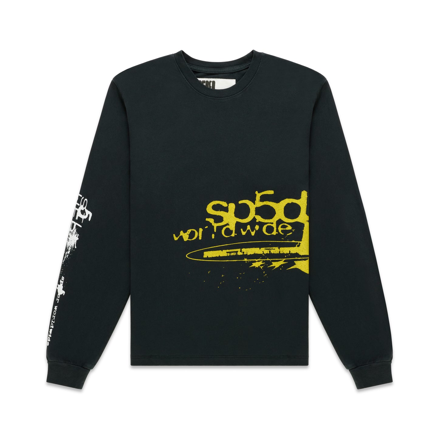 Black 100% cotton long sleeve tee with yellow "sp5d worldwide" graphic on chest and white graphic on left sleeve.