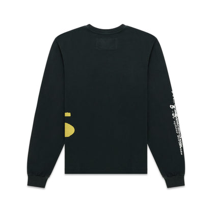Black 100% cotton long sleeve tee with yellow graphic print on left sleeve and white graphic print on right sleeve.