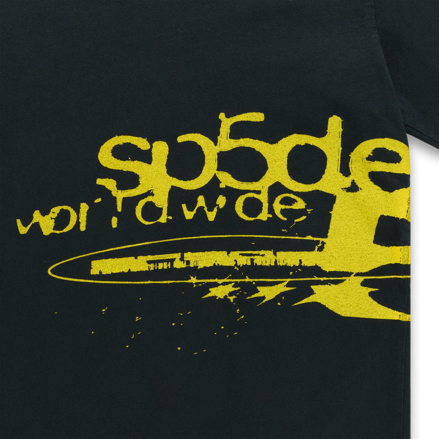 Black 100% cotton long sleeve tee with yellow "sp5de worldwide" graphic print.