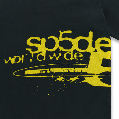 Black 100% cotton long sleeve tee with yellow "sp5de worldwide" graphic print.