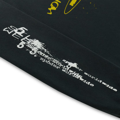 Black 100% cotton long sleeve tee with white graphic print on sleeve, ribbed cuffs.