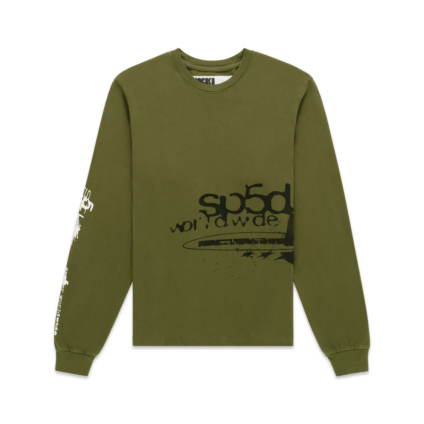 Olive green 100% cotton long sleeve tee with black graphic print on front and white graphic on left sleeve.