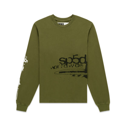 Olive green 100% cotton long sleeve tee with black graphic print on front and white graphic on left sleeve.