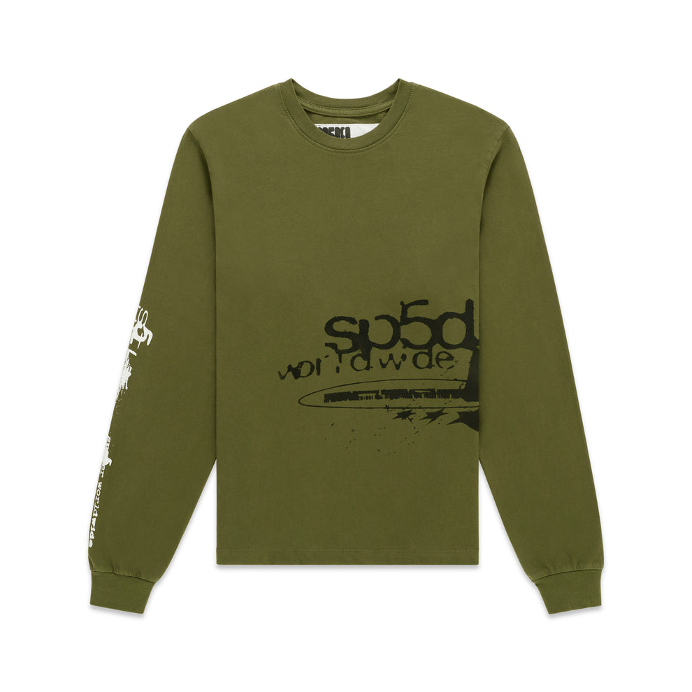Olive green 100% cotton long sleeve tee with black graphic print on front and white graphic on left sleeve.