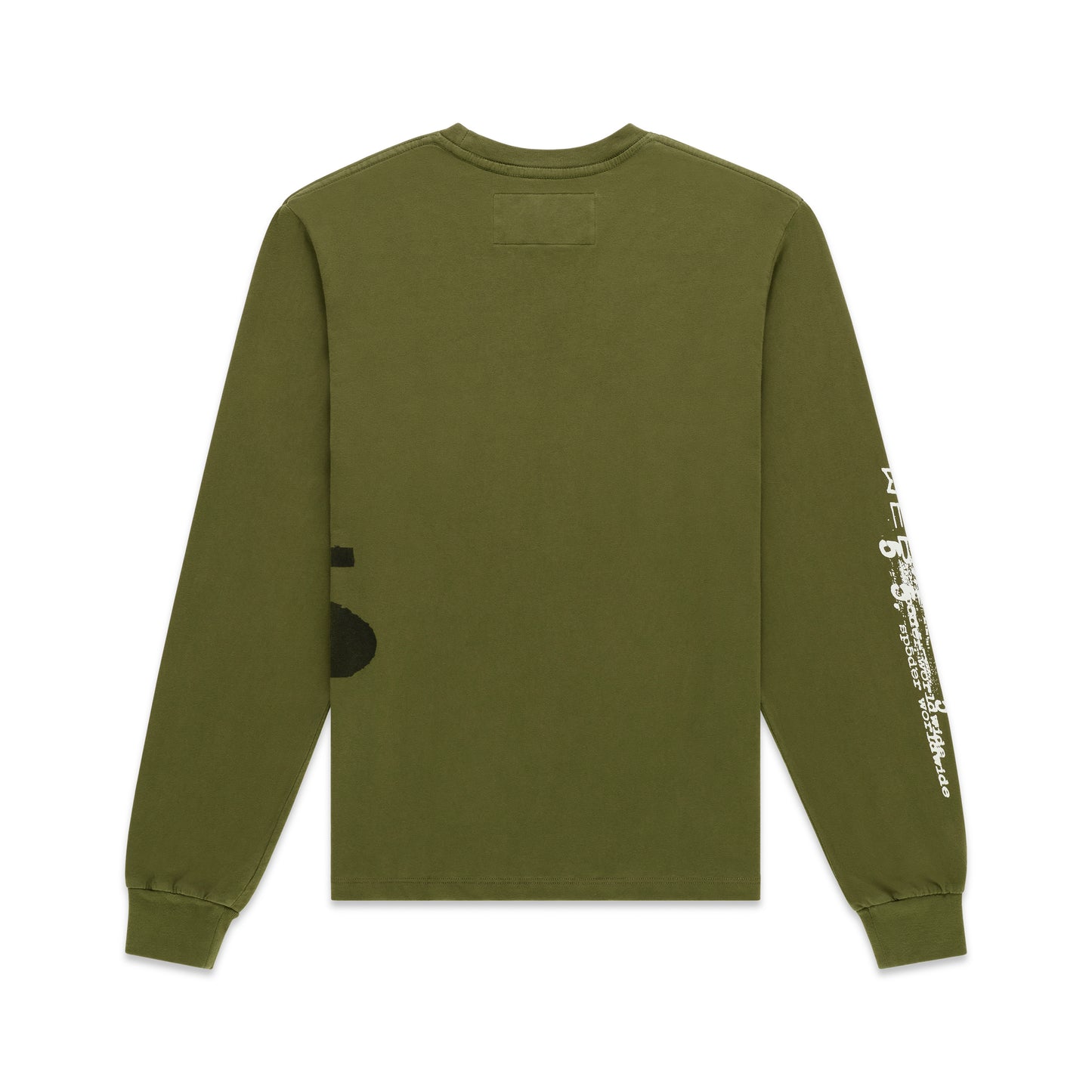 Olive green 100% cotton long sleeve tee with white graphic print on left sleeve. Ribbed collar and cuffs.