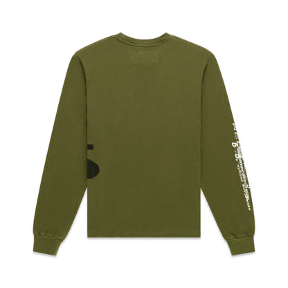 Olive green 100% cotton long sleeve tee with white graphic print on left sleeve. Ribbed collar and cuffs.