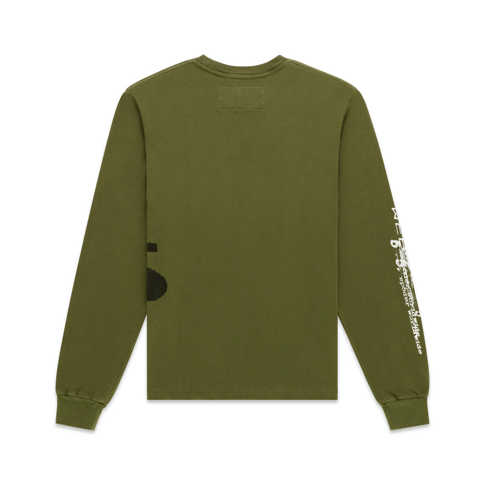 Olive green 100% cotton long sleeve tee with white graphic print on left sleeve. Ribbed collar and cuffs.