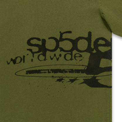 Olive green cotton long sleeve tee with black "sp5der worldwide" graphic print.