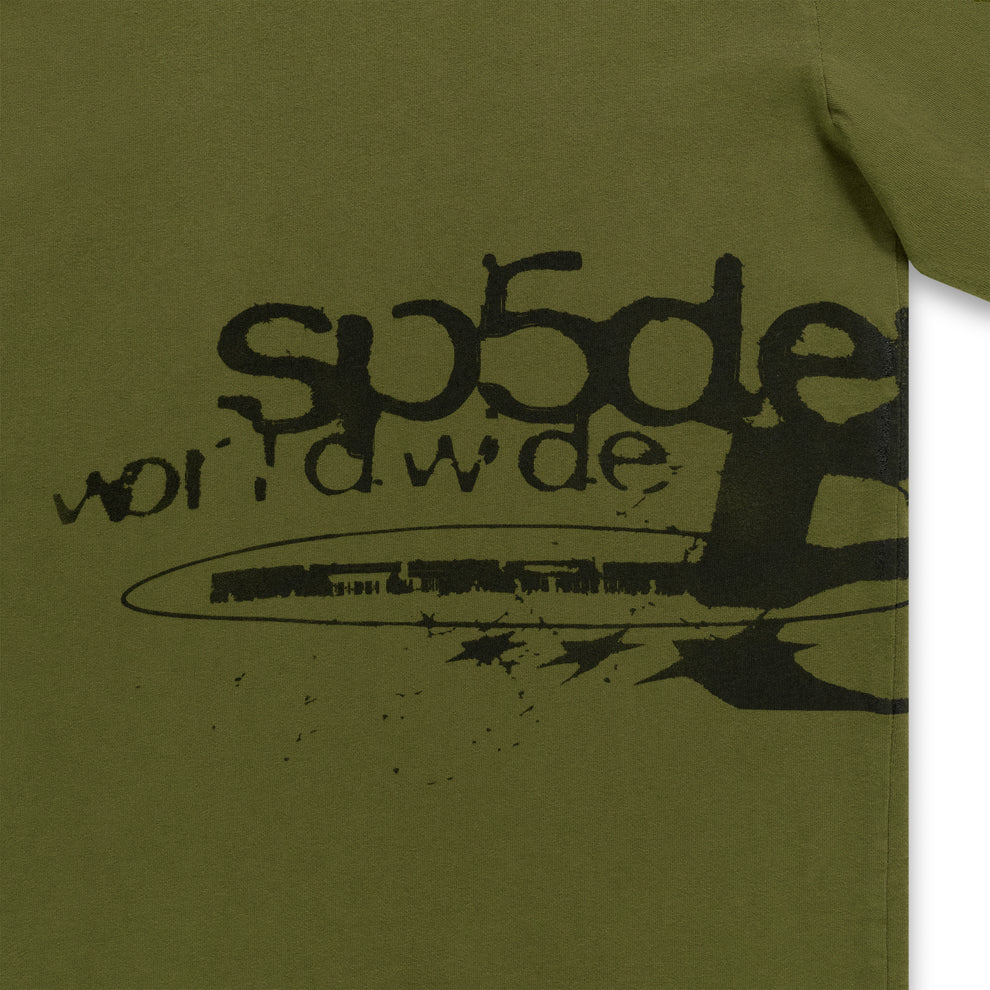 Olive green cotton long sleeve tee with black "sp5der worldwide" graphic print.