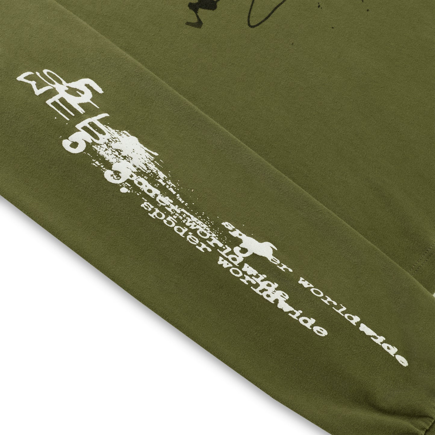 Olive green 100% cotton long sleeve tee with white "sp5der worldwide" graphic print on sleeve.