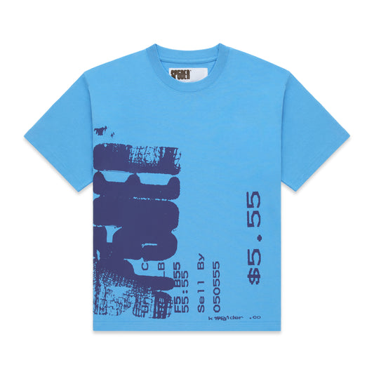 Blue cotton COMMERCE TEE with dark blue graphic print of numbers and text on front.