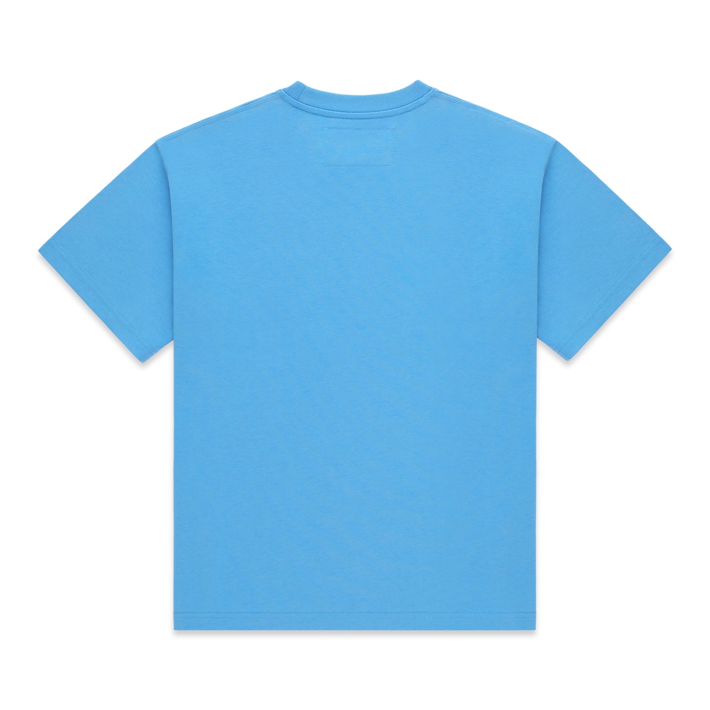 Back of a plain light blue 100% cotton standard fit t-shirt.