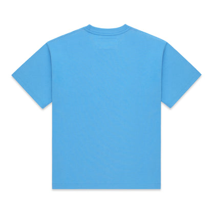 Back of a plain light blue 100% cotton standard fit t-shirt.