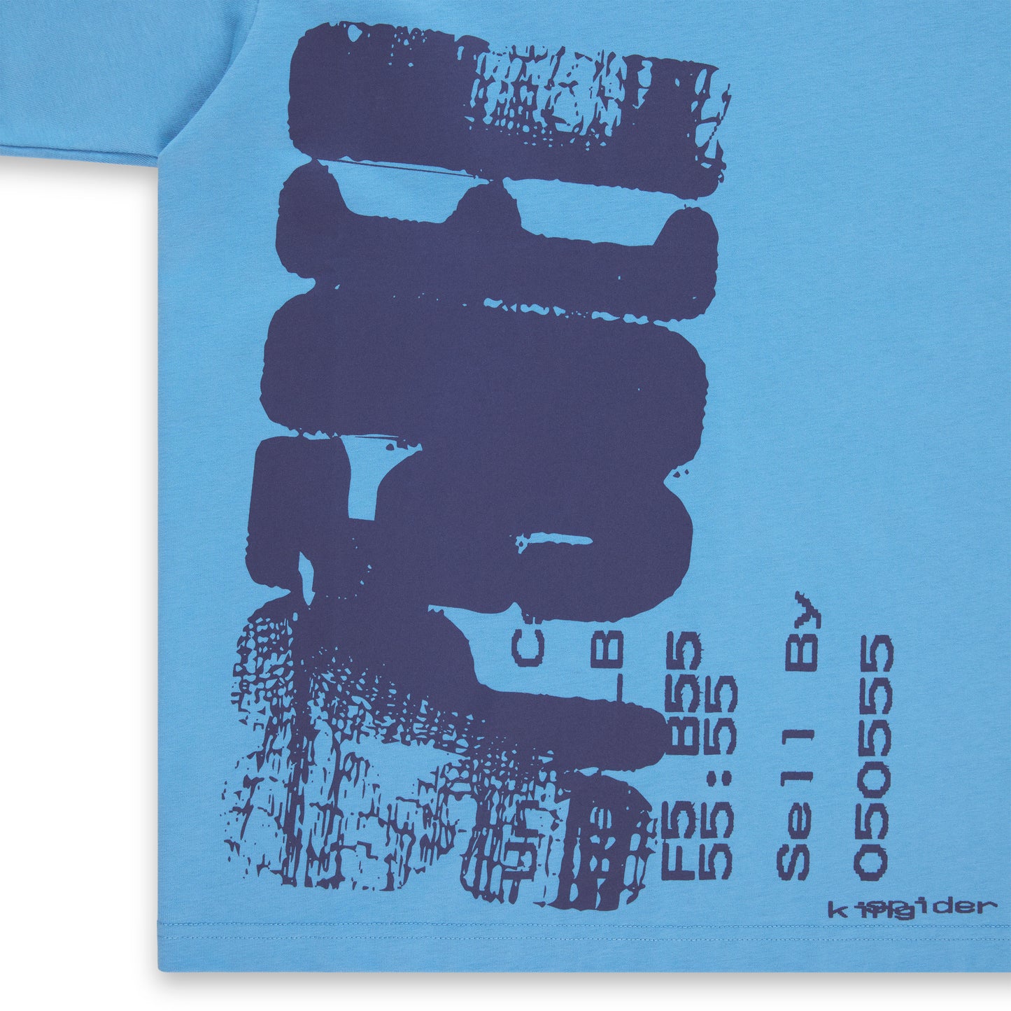 Blue cotton Commerce Tee with dark blue abstract graphic print and text.