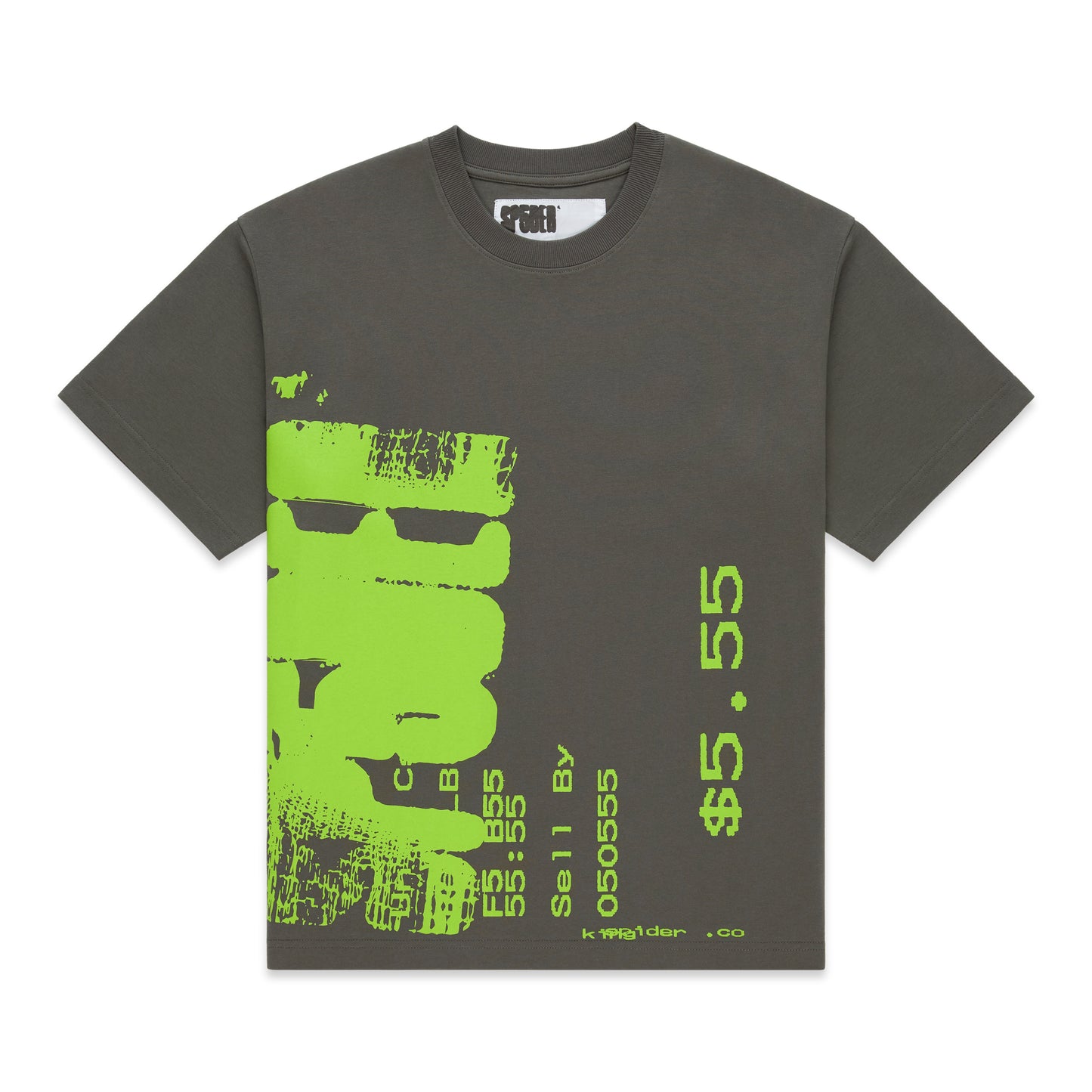 Dark gray cotton tee with a vibrant neon green graphic print featuring numbers and text.