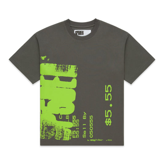Dark gray cotton tee with a vibrant neon green graphic print featuring numbers and text.