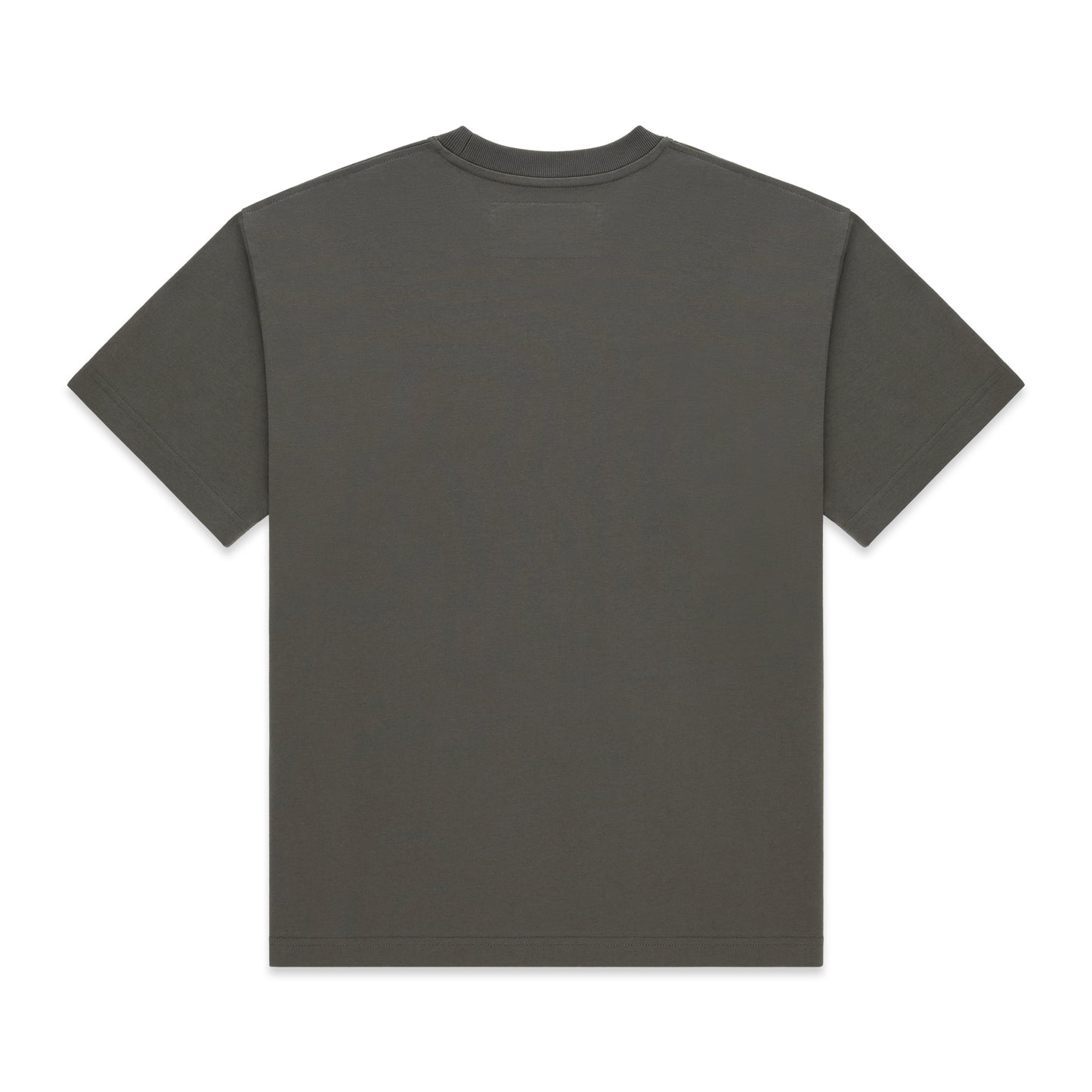 Back of a plain dark gray 100% cotton lightweight standard fit tee.