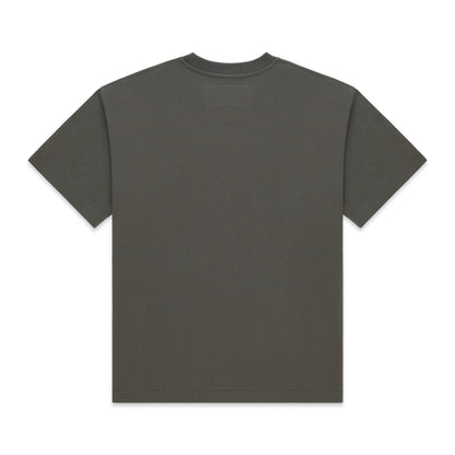 Back of a plain dark gray 100% cotton lightweight standard fit tee.