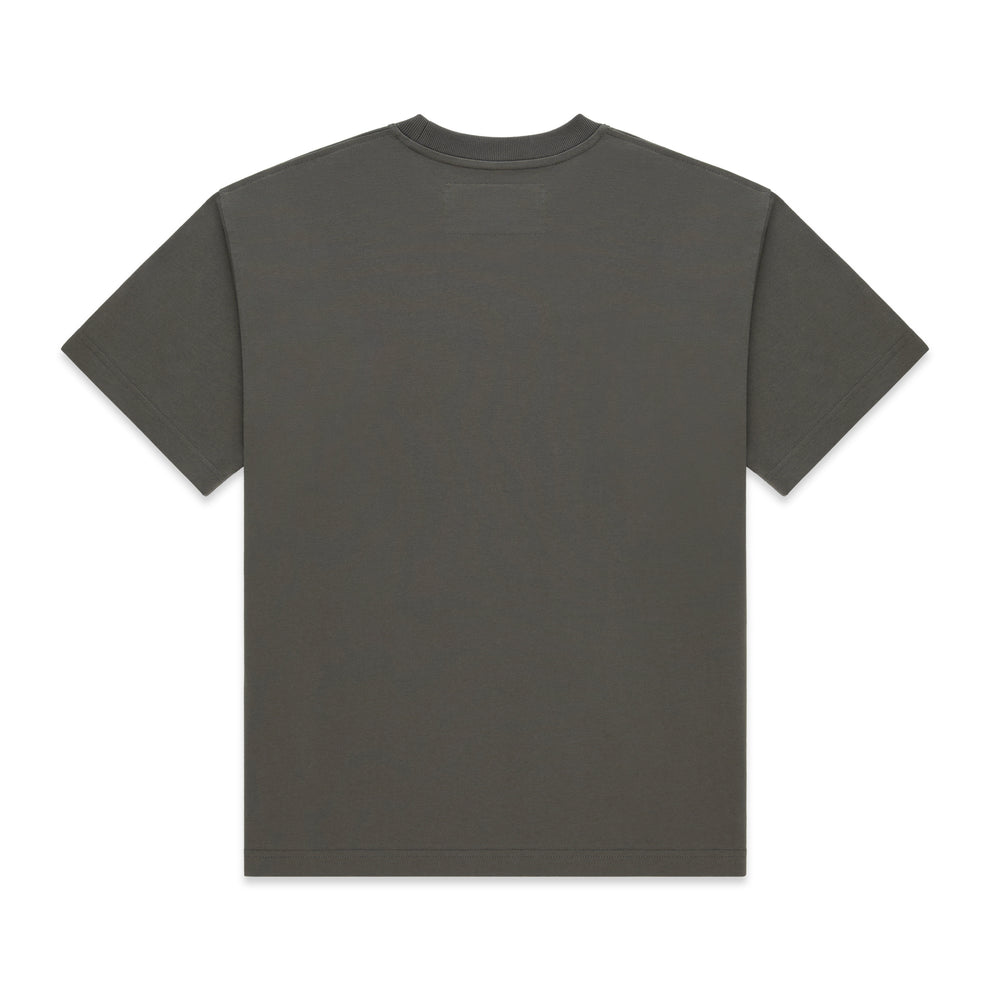 Back of a plain dark gray 100% cotton lightweight standard fit tee.